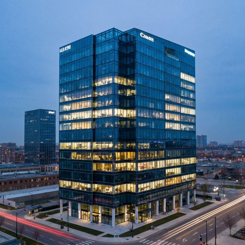 Modern glass commercial office tower illuminated at dusk against a blue-hour city skyline