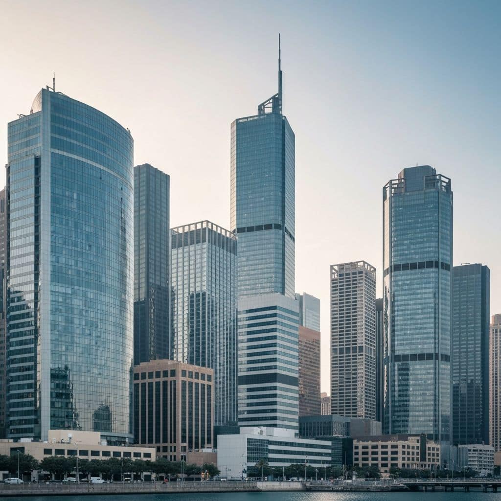 Waterfront downtown skyline of modern glass skyscrapers at dusk