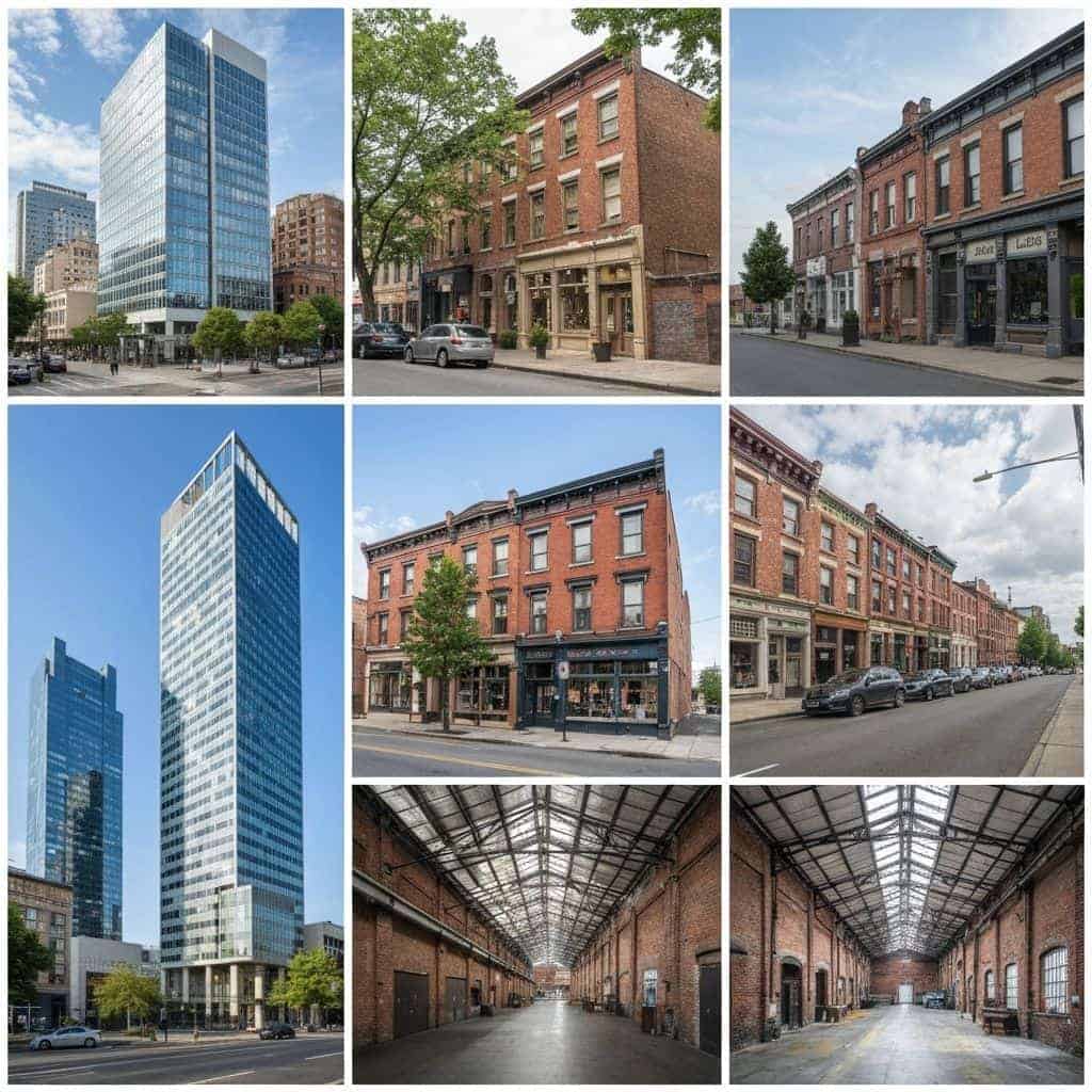 Collage of diverse commercial real estate properties including multifamily, industrial, and mixed-use buildings