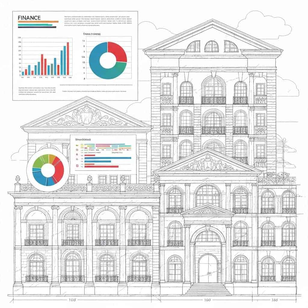 Financial analysis charts overlaid on modern commercial building architecture