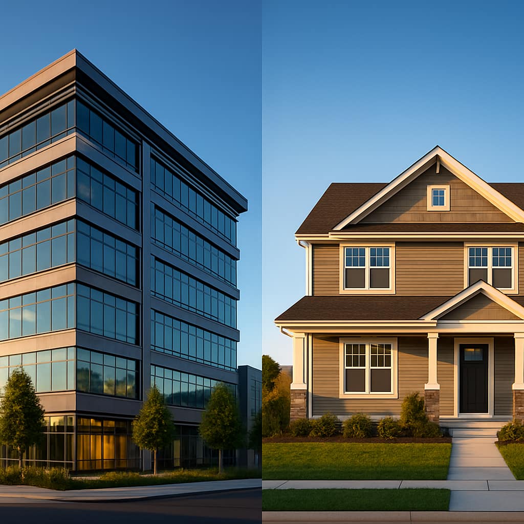 Commercial and residential buildings representing the difference between commercial and residential real estate loans
