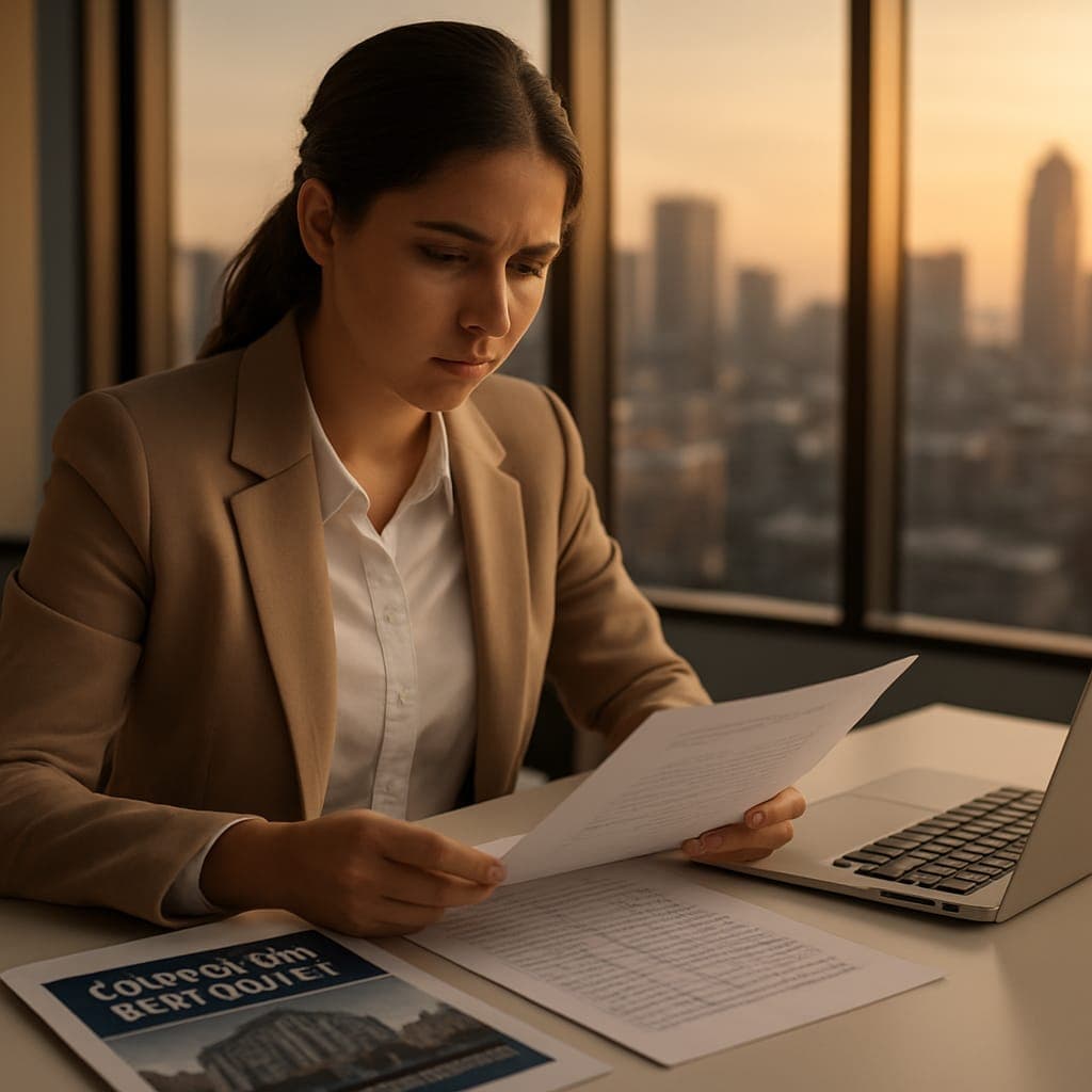 Professional studying commercial real estate documents in modern office