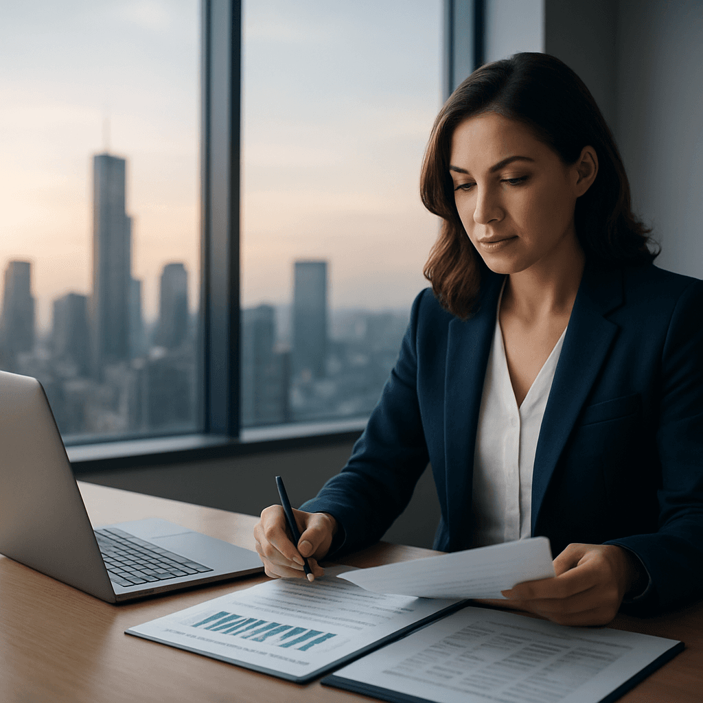 Business owner reviewing organized financial documents while planning financing ahead of need