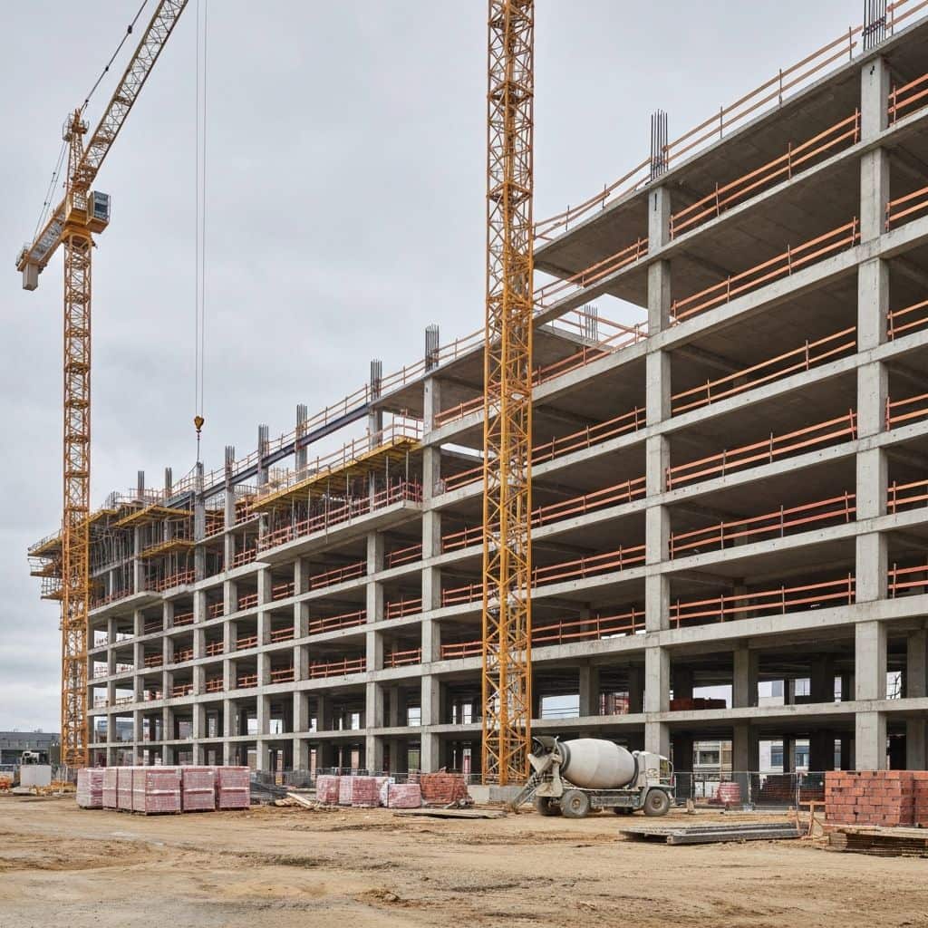 Commercial real estate construction site with building materials