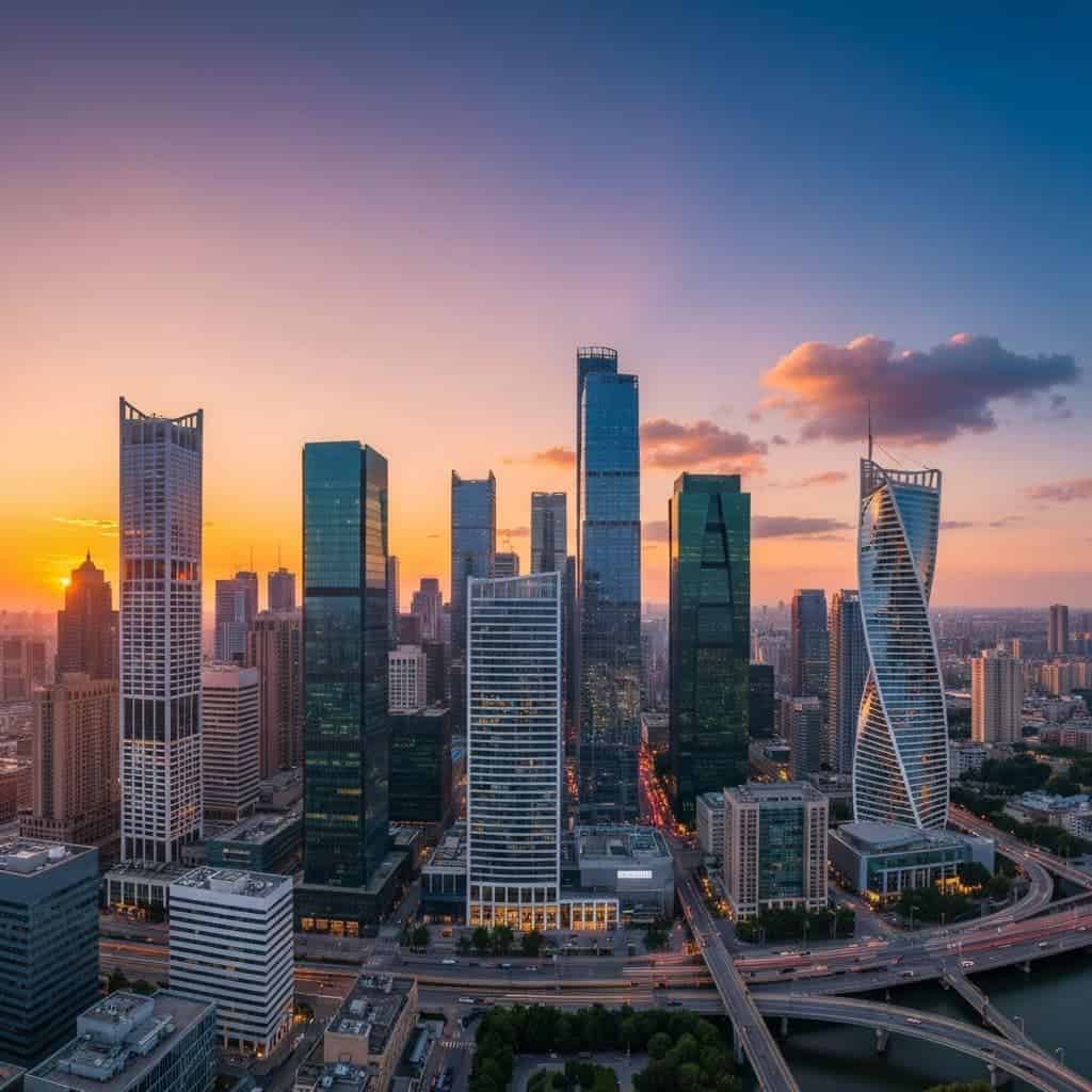 Modern downtown city skyline of high-rise buildings at dusk