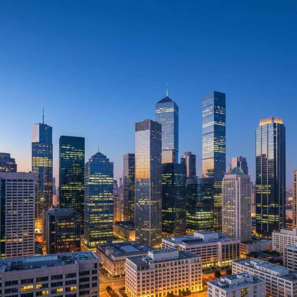 Aerial view of a modern commercial real estate skyline in the Washington DC region
