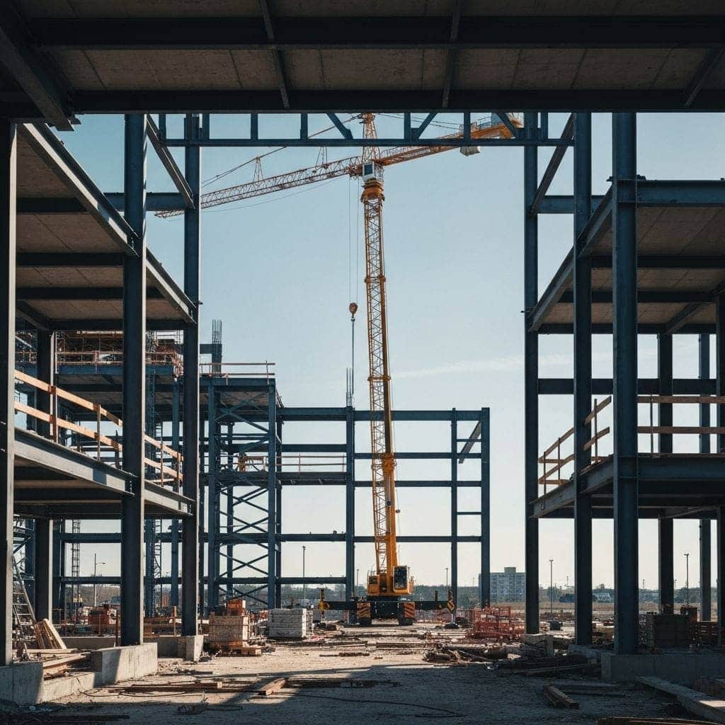 Steel-frame commercial building under construction with a tower crane on an active job site