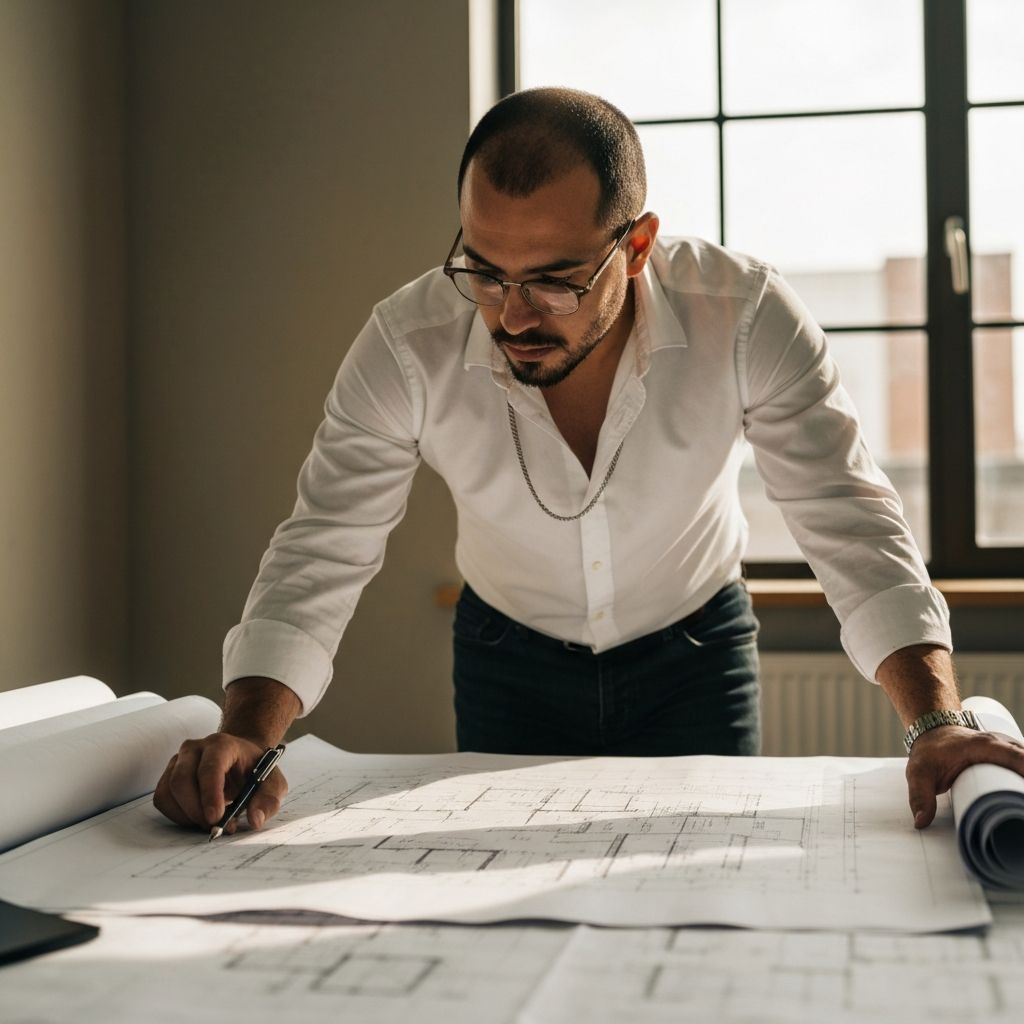 Developer reviewing construction plans for bridge loan financing